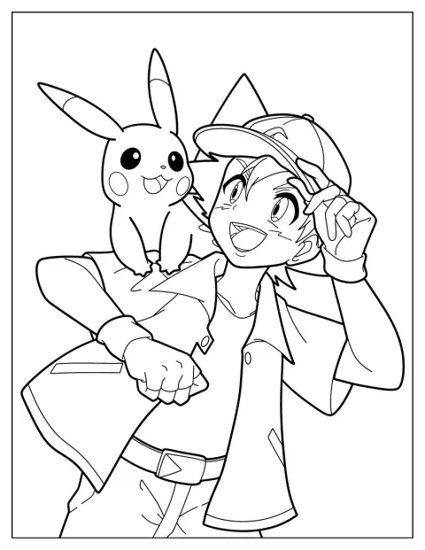 Ash Ketchum e Pikachu si guardano sorridendo.