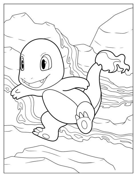 Charmander siedzi na skalistym podłożu.
