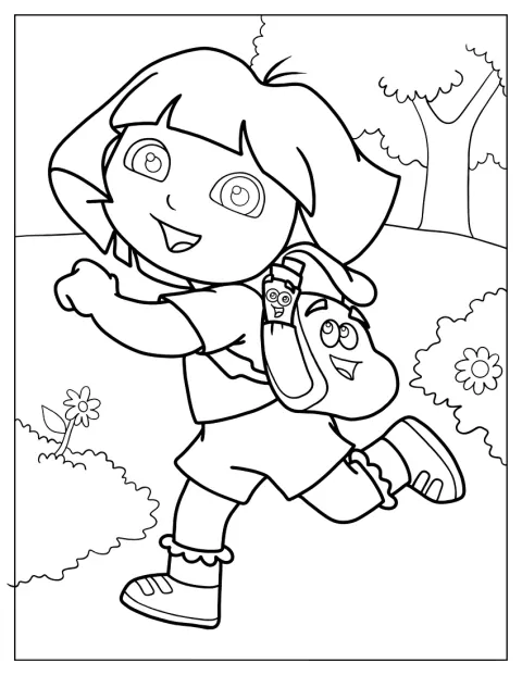 Dora explora un lugar desconocido con la mochila a la espalda y el mapa en la mano.