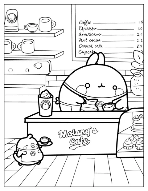 Molang a Piu Piu společně obsluhují v útulné kavárně.
