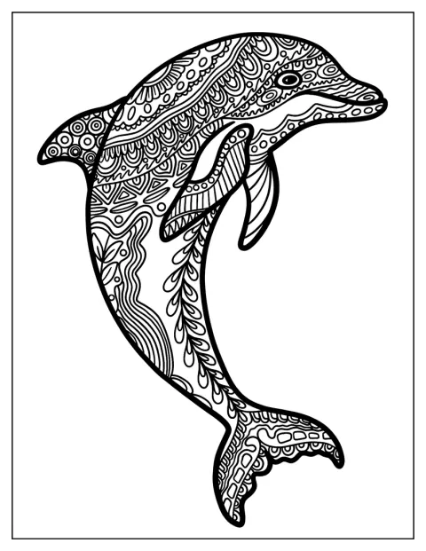 Un delfin este înconjurat de forme ornamentale într-o mandala.