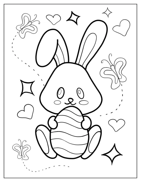 Un iepuraș simplu ține un ou lângă un fluture.