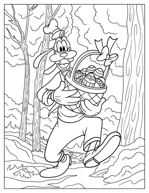 Goofy corre pela floresta com um cesto cheio de ovos da Páscoa.