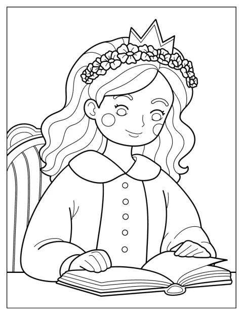 花冠をつけた優しいプリンセスが机に向かって勉強しています。