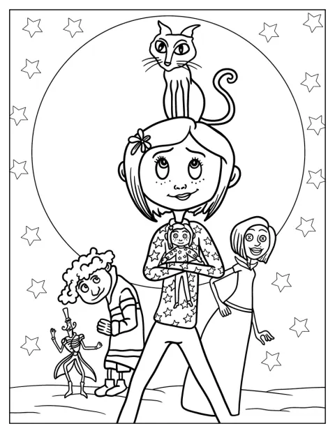 Coraline, die Katze, Wybie, die andere Mutter und der andere Bobinsky sind zusammen zu sehen.
