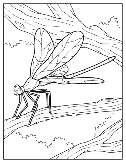 リアルに描かれたトンボが、木の枝にとまっています。