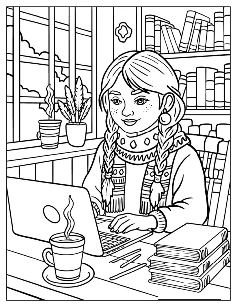Nowoczesna rdzenna dziewczyna z warkoczami pracuje przy laptopie w bibliotece.