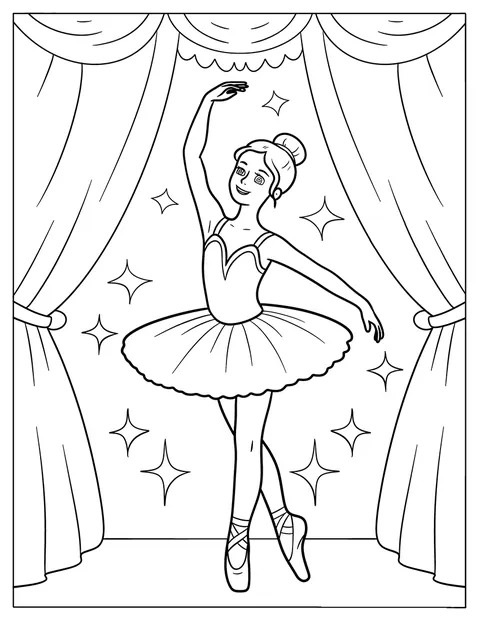 Eine Ballerina tanzt auf der Bühne unter eleganten Vorhängen.