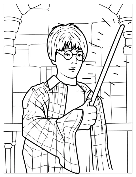 Le jeune Harry Potter brandit sa baguette magique.