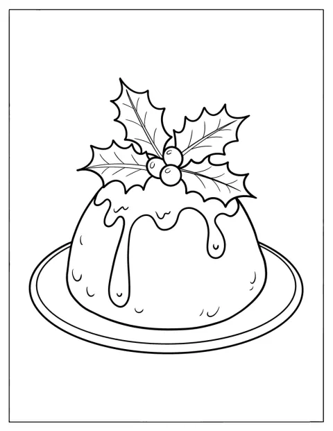 Ein Weihnachtspudding ist mit Stechpalmenblättern und Beeren garniert.