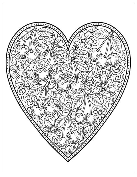 Blomster og blade danner en detaljeret mandala formet som et kirsebærhjerte.