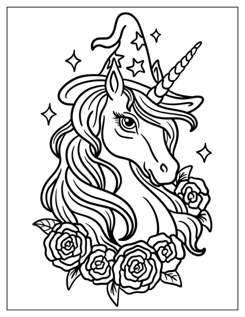 Um unicórnio usa um chapéu de bruxa decorado com estrelas.