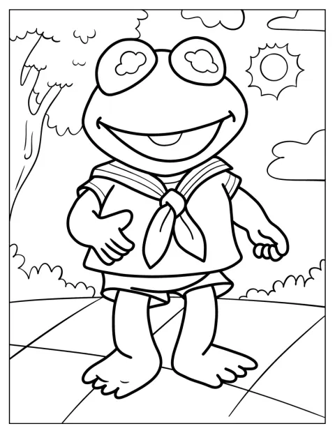 En uniforme de marin, le petit Kermit pose debout.
