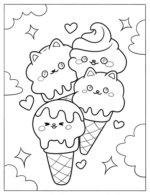 Søte kawaii-dyr pryder iskremkjegler som svever blant skyene.