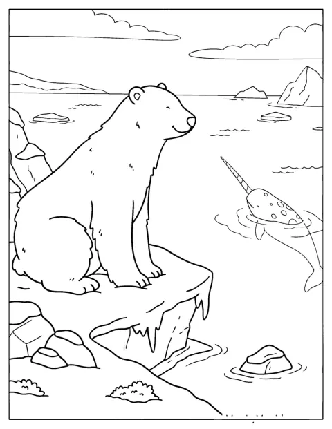 Un orso polare sorridente saluta un narvalo su una lastra di ghiaccio.