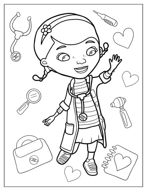 Doc McStuffins zâmbește și salută cu mâna.