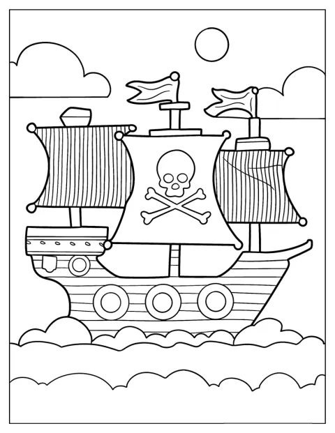 Et sødt piratskib med stribede sejl sejler på havet.