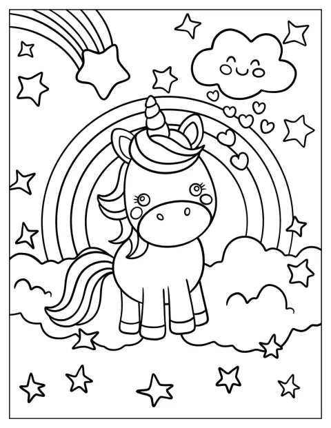 Egy bájos chibi unikornis csillagos ég alatt, szivárvány mellett áll.
