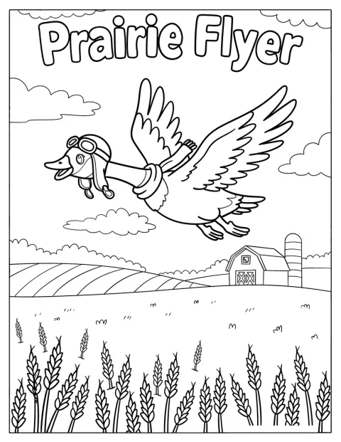 Husa letí nad rozlehlými kanadskými poli se zralou pšenicí.