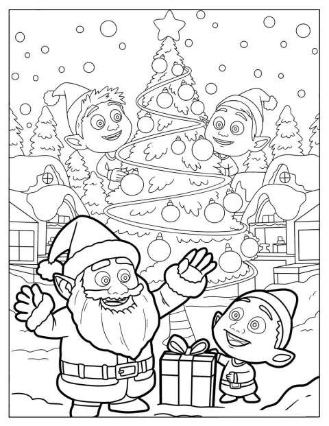 En nisse räcker en julklapp till tomten framför granen.