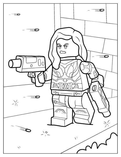 Black Widow dispara sus armas mientras apunta hacia delante.