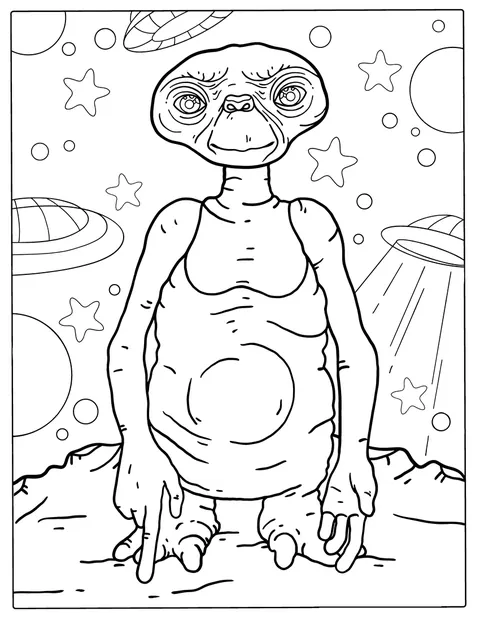 E.T.が宇宙からやってきた姿で描かれています。