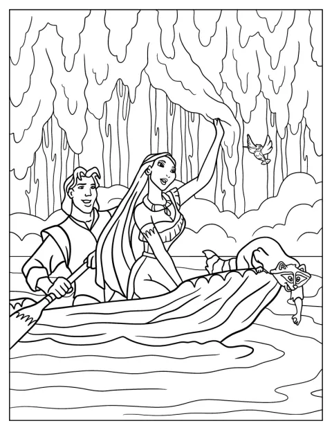 Pocahontas a John Smith společně plují v kánoi.