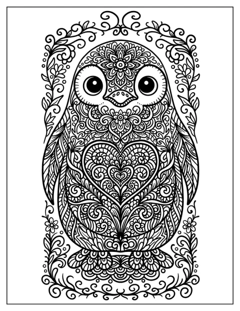Un manchot est décoré de motifs de mandala détaillés.