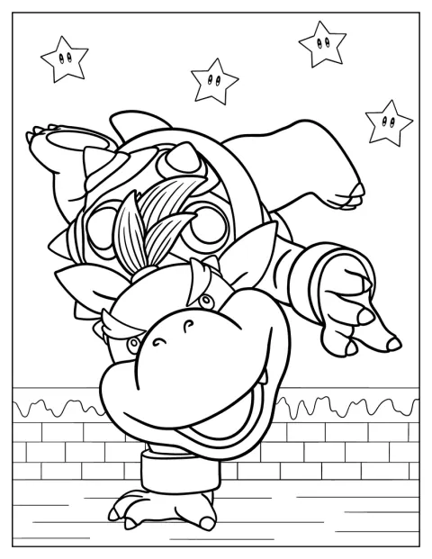 Baby Bowser brinca sozinho numa cena sem cenário definido.