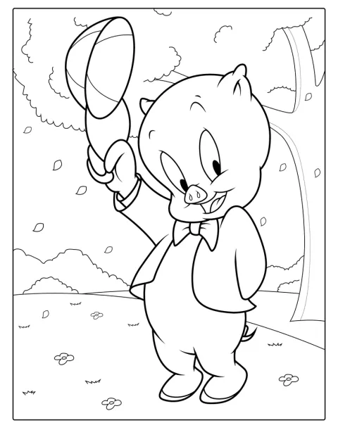Porky posa de frente en una ilustración sencilla, sin otros personajes alrededor.