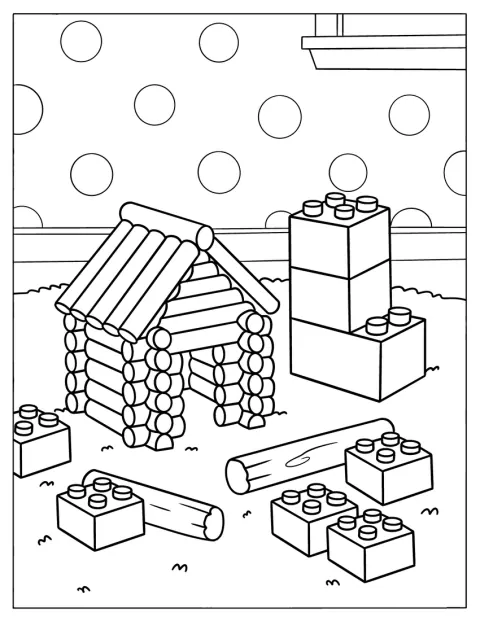Uma casa de brincar construída com blocos e troncos está rodeada por peças.