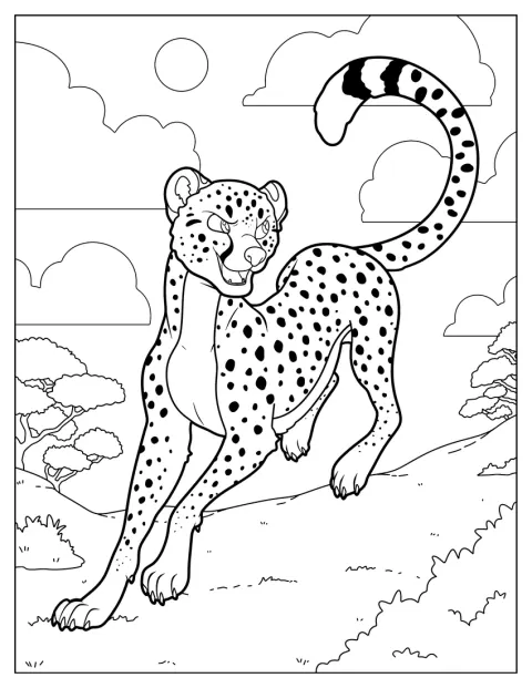 Der gezeichnete Gepard grinst schelmisch und schaut nach vorn.