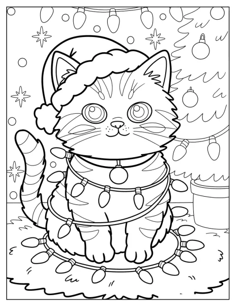猫がクリスマスライトに絡まり、身動きが取れなくなっています。