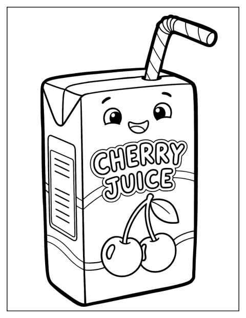 Ett juicepaket med körsbärsjuice har ett sugrör på sidan.