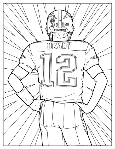 Odwrócony plecami Tom Brady opiera dłonie na biodrach.