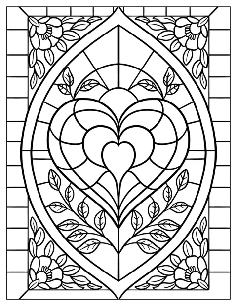 Verschachtelte Herzen mit Blättern bilden ein romantisches Muster im Glasfensterstil.