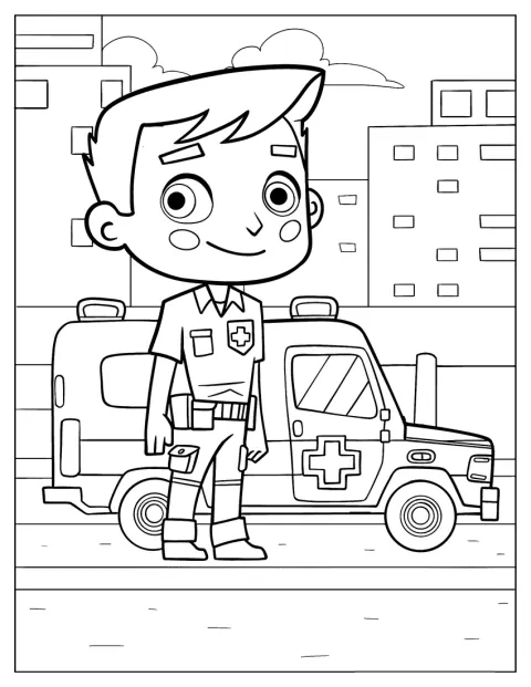 Un paramédico de estilo chibi está de pie junto a una ambulancia.