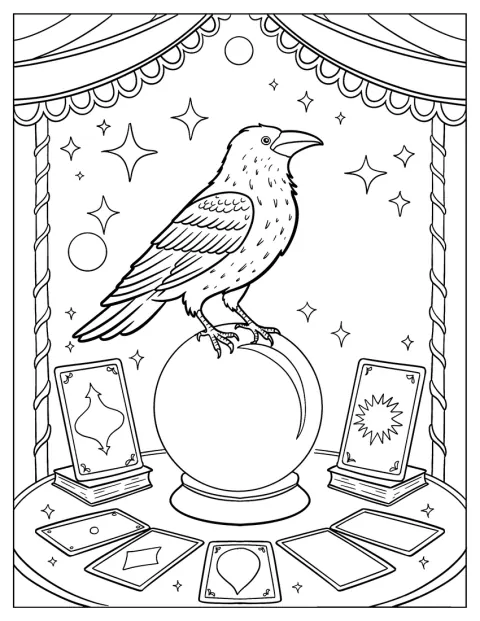 A holló egy varázsgömbön ül, tarotkártyák veszik körül.