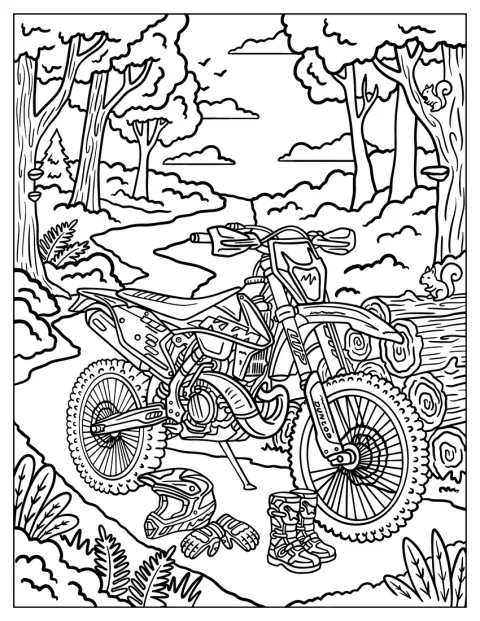 Una moto de cross y el equipo de pilotaje descansan en un sendero forestal.