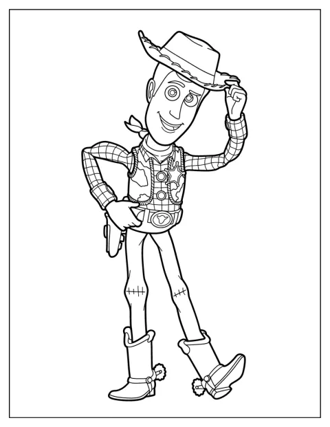 Mit einem Lächeln hebt Woody seinen Cowboyhut zum Gruß.
