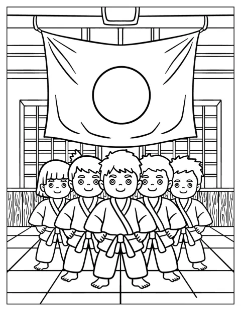 Une classe d’enfants en kimono pose fièrement sous un drapeau.
