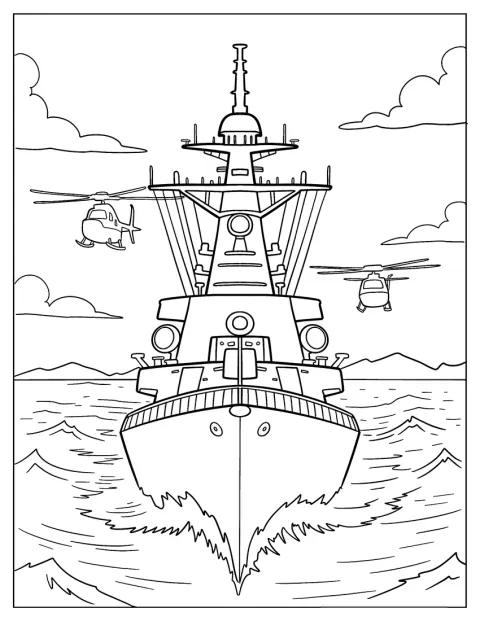 軍艦が海を進み、上空では支援ヘリコプターが飛んでいます。
