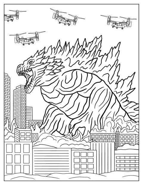 Godzilla herjer gjennom byen og knuser bygningene.