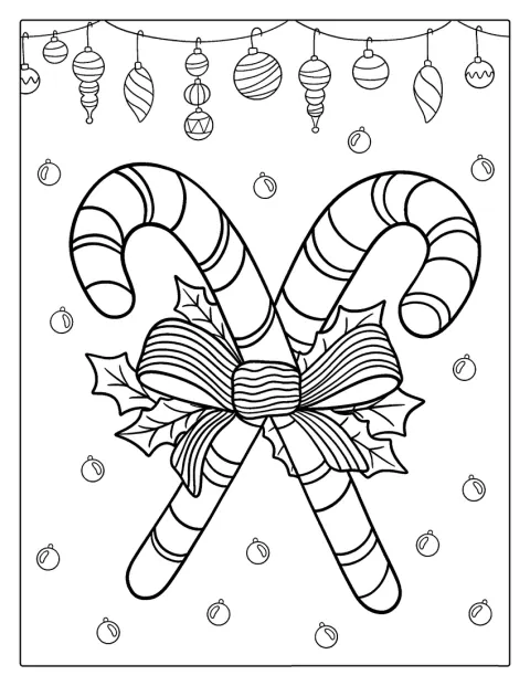Candy Cane And Christmas Ornaments To Color