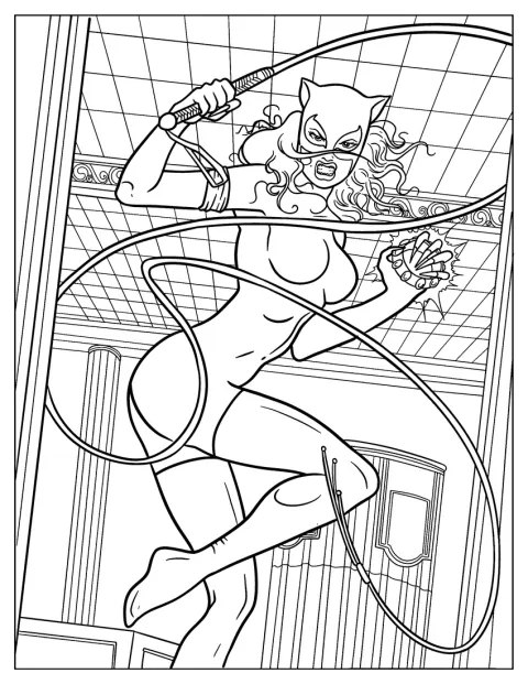 Catwoman s bičem se chystá ukrást šperky.