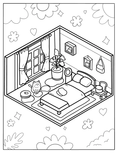 Modern Isometric Bedroom Coloring Page With A Large Cat