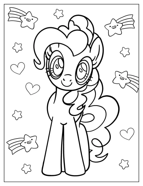 Fluttershy, la pony, è circondata da cuori e stelle.