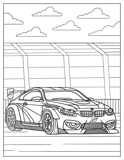 En BMW M4-racerbil er klar for banen.