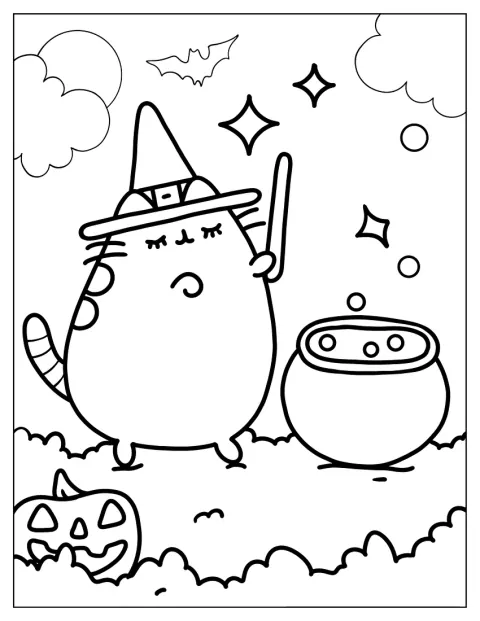 Pusheen kledd som heks kaster en trylleformel.