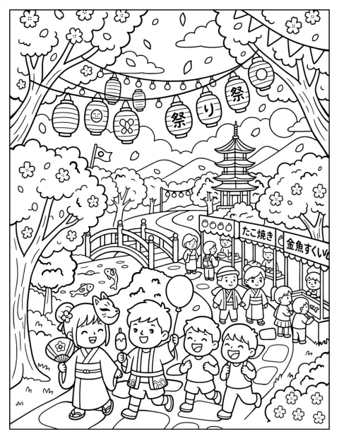 日本の桜祭りで、提灯の向こうにお寺が見えます。